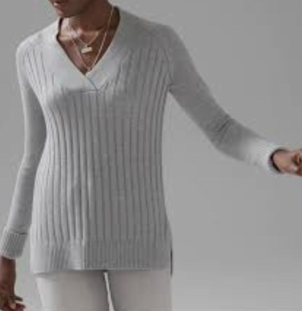 White House Black Market Cashmere Blend Ribbed V‑Neck Sweater Size L Gray